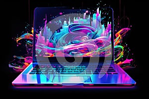 A laptop computer featuring a vibrant and eye-catching design on its screen, Futuristic illustration about computer technology