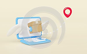 laptop computer with goods cardboard box fly, pin isolated. express delivery route, worldwide shipping concept, 3d illustration