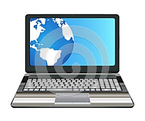 Laptop computer with half earth globe on screen