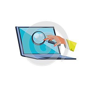 laptop computer with hand and magnifying glass