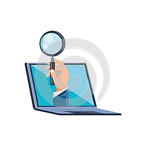laptop computer with hand and magnifying glass