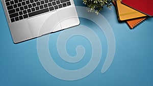 Laptop computer, houseplant and books on blue background with copy space.