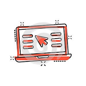 Laptop computer icon in comic style. Cursor on notebook cartoon vector illustration on white isolated background. Monitor splash