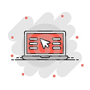 Laptop computer icon in comic style. Cursor on notebook cartoon vector illustration on white isolated background. Monitor splash