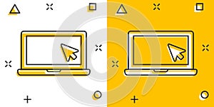 Laptop computer icon in comic style. Cursor on notebook cartoon vector illustration on white isolated background. Monitor splash