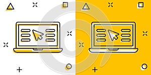 Laptop computer icon in comic style. Cursor on notebook cartoon vector illustration on white isolated background. Monitor splash