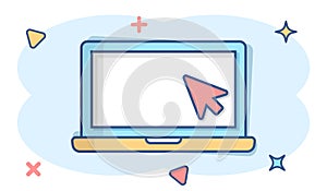 Laptop computer icon in comic style. Cursor on notebook cartoon vector illustration on white isolated background. Monitor splash