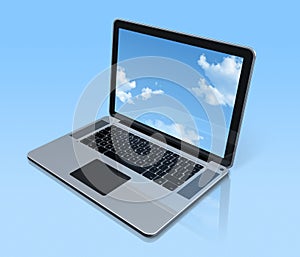 Laptop computer isolated on blue with sky screen