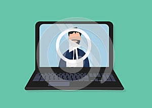 Laptop with journalist reading latest news on screen, turquoise background. Vector illustration in flat style