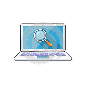 Laptop computer with magnifying glass icon on screen in flat design style, symbolizing online search or data analysis