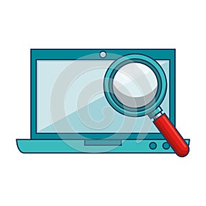 Laptop computer with magnifying glass isolated icon