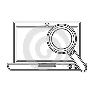 Laptop computer with magnifying glass isolated icon