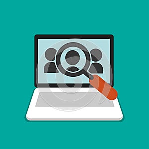 Laptop, computer and magnifying glass searching a person. Human resource symbol flat cartoon design