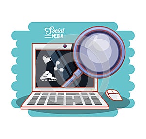 Laptop computer with magnifying glass and social media set icons