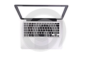 Laptop computer mock up with empty blank white screen isolated on white background with clipping path, top view. modern computer