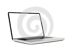 Laptop computer mock up with empty blank white screen isolated on white background with clipping path, side view. modern computer