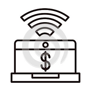 Laptop computer money transaction shopping or payment mobile banking line style icon