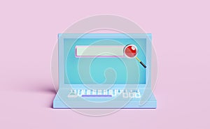Laptop computer monitor with crystal keyboard, blank search bar,magnifying glass isolated on pink background. minimal web search