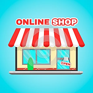 Laptop computer online shop vector flat icon illustration. E-commerce, digital market, online purchase, online shopping, mobile ap