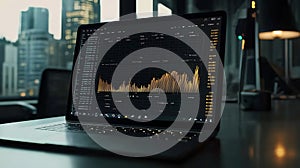 A laptop computer is open to a screen displaying a graph