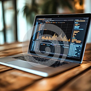 Laptop computer is open to a screen displaying a graph