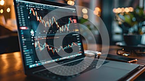 A laptop computer is open to a screen displaying a graph of stock prices