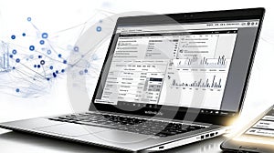 A laptop computer is open to a screen displaying a graph of stock prices
