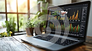 A laptop computer is open to a screen displaying a graph of stock prices