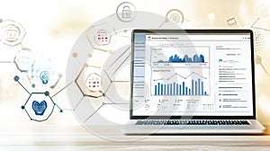 A laptop computer is open to a screen displaying a graph with various icons