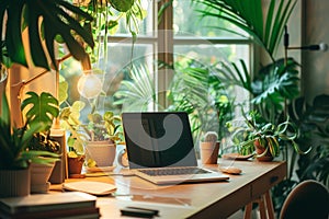 A laptop computer is placed on top of a sturdy wooden desk, Workplace in a home filled with plants for fresh environment, AI