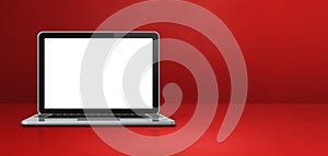 Laptop computer on red office scene background banner