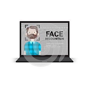 Laptop Computer Scanning User Male Face Identification Technology Access Control System Biometrical Recognition Concept