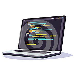Laptop computer screen displaying colorful code lines