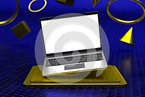 Laptop computer screen mockup above golden square stage pedestal with dark blue background
