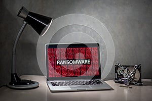 Laptop computer screen with ransomware attack alert