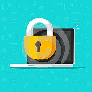 Laptop computer security vector icon, flat desktop pc with closed lock, concept of firewall protection, privacy access