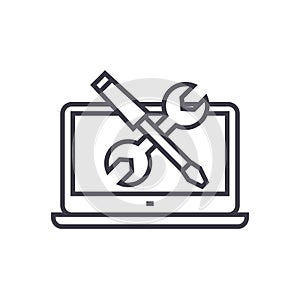 Laptop computer service concept vector thin line icon, symbol, sign, illustration on isolated background