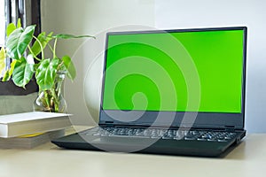 Laptop computer showing chroma green screen on LCD display stands on a desk with books next to ready for further design and copy