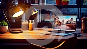 Laptop computer sitting on top of wooden desk next to lamp. Generative AI