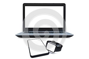 Laptop computer, smart phone and smart watch on white isolated background