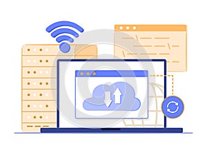 Laptop Computer Syncing Cloud Computing Server via Wi-Fi for Internet and Wireless Connection Technology Concept