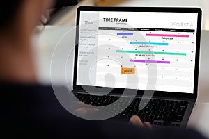 Laptop computer with timeline project schedule, work plan mangement, on screen at office background
