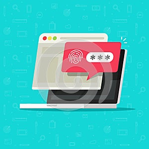 Laptop computer with unlocked via fingerprint password bubble notification, flat cartoon design of pc screen with finger
