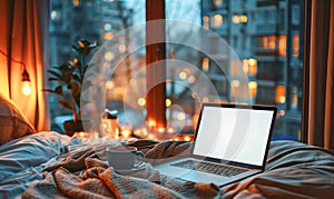 Laptop computer on white bed sheets in cozy modern hotel room with copy space blank screen and sunrise city view on the background