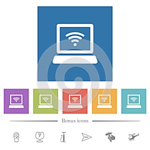Laptop computer with wireless symbol flat white icons in square backgrounds
