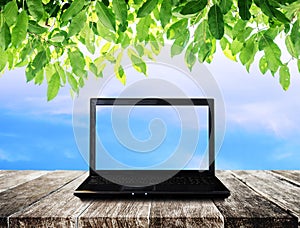 Laptop computer on wooden table with blue sky and green leaves background