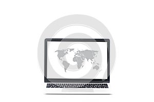 Laptop computer with World map on screen.