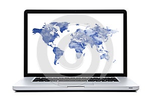 Laptop computer with World map shaped clouds