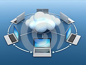 Laptop computers network connected to cloud 3d rendering
