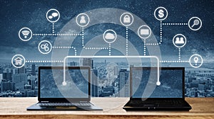 Laptop computers with network connection and sharing data to other devices. Internet networking and connection